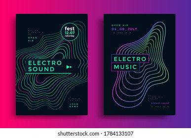 Electronic Music festival poster with abstract gradient line and decoration elements. Modern club party flyer. Sound cover design with neon colors.