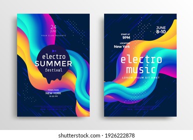Electronic music festival poster with abstract gradient fluid shapes. Cover design Electro sound wave. Vector template