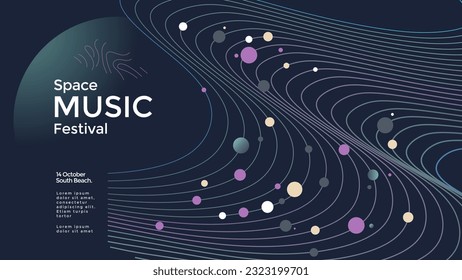Electronic Music festival poster with abstract wave line and decoration elements. Modern club party banner. Sound cover design with neon colors.