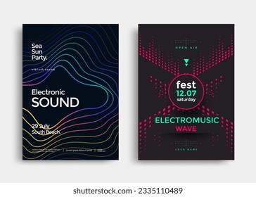 Electronic music festival poster with abstract gradient lines. Flyer with Sound wave shape.