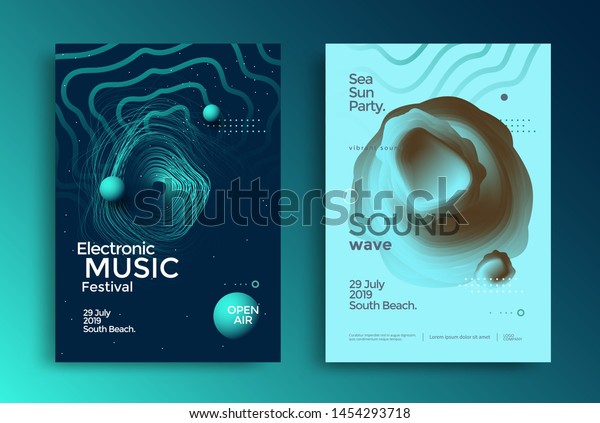 Electronic music festival poster with abstract\
gradient lines. Flyer with Sound wave shape. Vector background in\
duotone color.