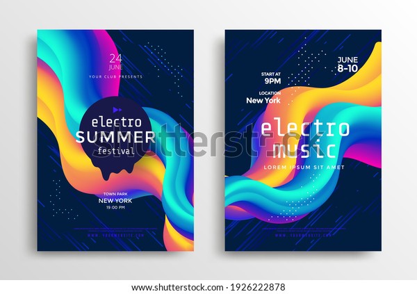 Electronic\
music festival poster with abstract gradient fluid shapes. Cover\
design Electro sound wave. Vector\
template