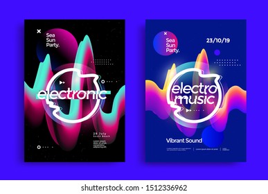 Electronic music festival poster. Cover design Electro sound fest. Dj party flyer with glitch effect and fluid gradient shapes. Distorted colorful wave