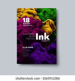 Electronic music festival poster design. Ink party flyer. Multicolored fluid splash cover. Vector illustration of abstract liquid swirling shapes. Club invitation template. Modern design