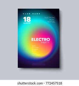 Cartaz de festival de música eletrônica. Folheto de festa do Electro DJ. Cobertura colorida de néon fluida. Ilustração vetorial da forma líquida de gradiente abstrato. Modelo de convite do clube. Design moderno. Som abstrato