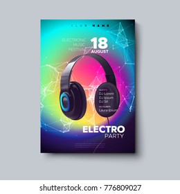 Electronic music festival poster. Electro dj party. Realistic headphones with plexus particles on fluid color background. Vector illustration. Liquid gradient cover. Club invitation. Modern design. 