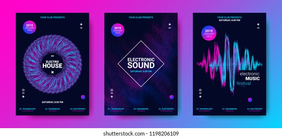 Electronic Music Festival Poster with Equalizer. Sound Flyer Concept with Distorted Circle, Amplitude and Dotted Lines. Abstract Vector Template for Banner, Brochure. Wave Poster Design for Event.