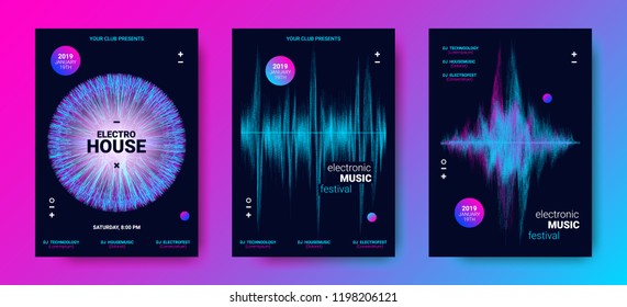 Electronic Music Festival Poster with Equalizer. Sound Flyer Concept with Distorted Circle, Amplitude and Dotted Lines. Abstract Vector Template for Banner, Brochure. Wave Poster Design for Event.