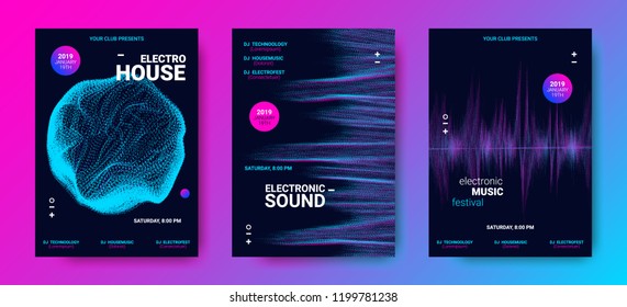 Electronic Music Festival Poster with Equalizer. Sound Flyer Concept with Distorted Circle, Amplitude and Dotted Lines. Abstract Vector Template for Banner, Brochure. Wave Poster Design for Event.