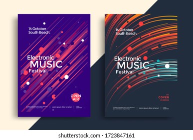 Electronic Music festival poster with gradient line and decoration elements. Sound flyer with abstract lines and color circles. Minimal cover for Spacesynth musical genre.