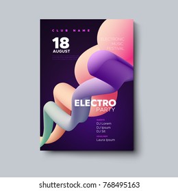 Electronic music festival poster mockup. Electronic music festival flyer. Vector illustration of abstract colorful gradient liquid shapes. Club invitation template with vivid smooth fluid streams