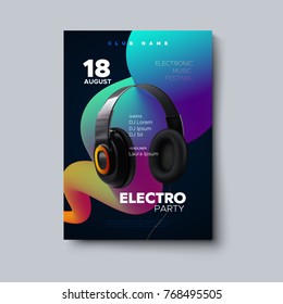 Electronic music festival poster mockup. Vector illustration of electro party invitation template. Club event flyer with realistic 3d headphones and multicolored gradient streaming liquid shape. 