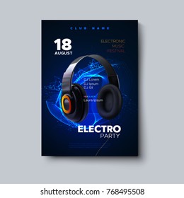 Electronic Music Festival Poster Mockup. Vector Illustration Of Electro Party Invitation Template. Club Event Flyer With Realistic 3d Headphones And Neon Glowing Explosion Of Particles. 