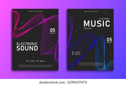 Electronic music festival poster. Party flyer design with abstract wave lines. Futuristic electro music festival cover design. Vector illustration.