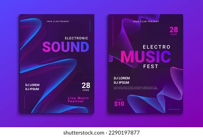 Electronic music festival poster. Party flyer design with abstract wave lines. Futuristic electro music festival cover design. Vector illustration.