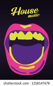 Electronic music festival and summer electro house music poster. Mouth open with tongue excited. Club colors, very saturated and Vector design