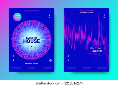 Electronic Music Flyer Concept. House Music Festival Promotion. Vector Equalizer Design. Abstract Wave Flyer for Dj Sound. Amplitude of Distorted Dotted Wave Lines. Color Flyer with Movement of Waves.