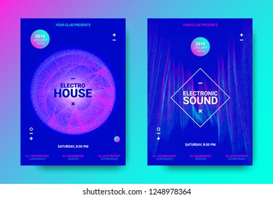 Electronic Music Flyer Concept. House Music Festival Promotion. Vector Equalizer Design. Abstract Wave Flyer for Dj Sound. Amplitude of Distorted Dotted Wave Lines. Color Flyer with Movement of Waves.