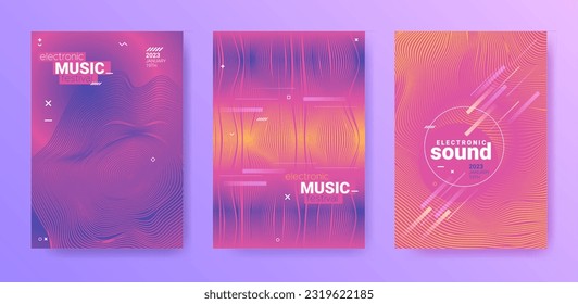 Electronic Music Flyers Set. Techno Party Cover. Gradient Wave Line. Abstract Edm Illustration. Electronic Music Flyers. Psychedelic Sound Design. Vector 3d Banner. Electro Music Flyers Set.
