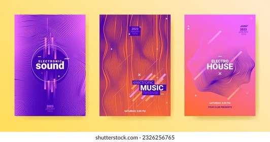 Electronic Music Flyers Set. Techno Dance Poster. Gradient Verzerrungslinien. Vektor Dj Banner. Electronic Music Flyers. Minimaler Sound Rhythm. Abstrakte Edm-Illustration. Electro Music Flyers Set.