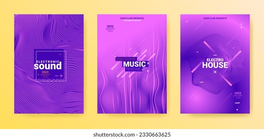 Electronic Music Flyers Set. Techno Dance Poster. Gradient Wave Movement. Vector Edm Banner. Electro Music Flyers Set. Psychedelic Sound Rhythm. Abstract 3d Illustration. Electronic Music Flyers.