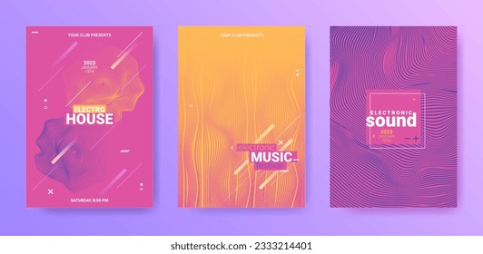 Electronic Music Flyers Set. Techno Dance Poster. Gradient Distort Waves. Vector 3d Banner. Electronic Music Flyers. Psychedelic Sound Design. Abstract Edm Illustration. Electro Music Flyers Set.