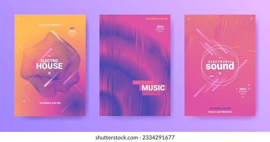 Electronic Music Flyers Set. Techno Dance Cover. Gradient Wave Circle. Vector 3d Illustration. Electronic Music Flyers. Futuristic Sound Design. Abstract Edm Banner. Electro Music Flyers Set.