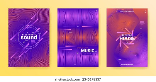 Electronic Music Flyers Set. Techno Dance Cover. Gradient Distort Lines. Vector Edm Banner. Electronic Music Flyers. Minimal Sound Design. Abstract Dj Illustration. Electro Music Flyers Set.