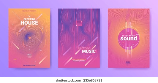 Electronic Music Flyers Set. Techno Party Cover. Gradient Distort Lines. Abstract Edm Banner. Electronic Music Flyers. Futuristic Sound Rhythm. Vector 3d Illustration. Electro Music Flyers Set.