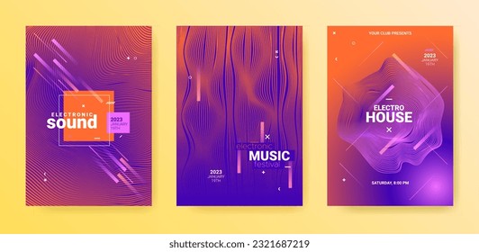 Electronic Music Flyers. Techno Dance Poster. Bewegung der Farbwellen. Abstrakte Edm-Illustration. Electronic Music Flyers Set. Minimaler Sound Rhythm. Vektor 3d Banner. Electro Music Flyers Set.