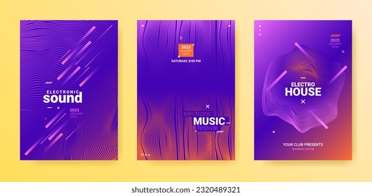 Electronic Music Flyers. Techno Party Poster. Gradient Wave Round. Vector 3d Illustration. Electronic Music Flyers Set. Technology Sound Design. Abstract Dj Banner. Electro Music Flyers Set.
