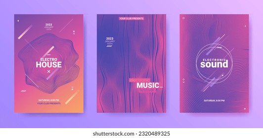 Electronic Music Flyers. Techno Party Poster. Gradient Wave Round. Vector 3d Illustration. Electronic Music Flyers Set. Technology Sound Design. Abstract Dj Banner. Electro Music Flyers Set.