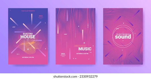 Electronic Music Flyers. Techno Party Cover. Gradient Wave Line. Abstract Dj Illustration. Electro Music Flyers Set. Minimal Sound Design. Vector 3d Banner. Electronic Music Flyers Set.