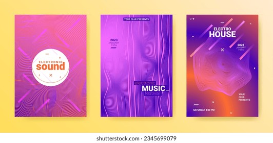 Electronic Music Flyers. Techno Party Cover. Gradient Wave Movement. Vector Edm Illustration. Electro Music Flyers Set. Minimal Sound Rhythm. Abstract Dj Banner. Electronic Music Flyers Set.