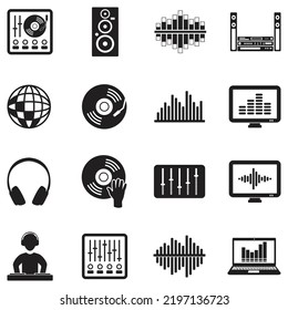Electronic Music Icons. Black Flat Design. Vector Illustration.