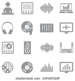 Electronic Music Icons. Gray Flat Design. Vector Illustration.
