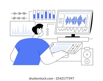 Electronic music isolated cartoon vector illustrations. Young man making electronic music using software, sound production equipment, creative hobby, leisure time activity vector cartoon.