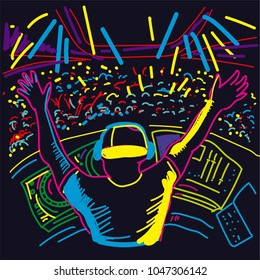 electronic music milenieal edm music neon abstract dj play music in concert stadium vector illustrations