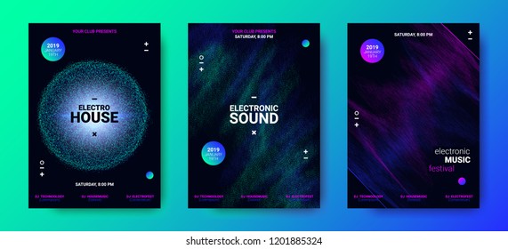 Electronic Music Movement Concept. Sound Amplitude of Distorted Dotted Color Lines. Vector Equalizer Design. Wave Poster for Dance Night Party. 3d Graphic Round with Glow and Movement of Dots Effect.