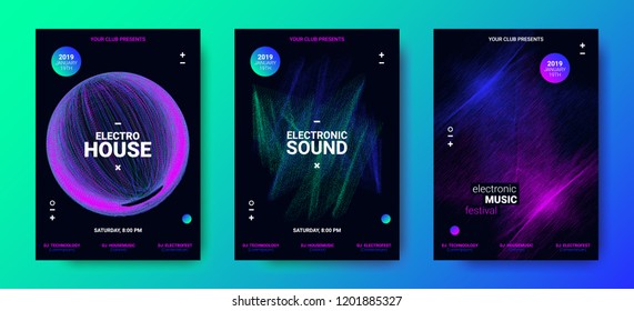 Electronic Music Movement Concept. Sound Amplitude of Distorted Dotted Color Lines. Vector Equalizer Design. Wave Poster for Dance Night Party. 3d Graphic Round with Glow and Movement of Dots Effect.