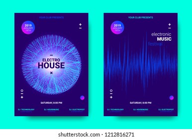 Electronic Music Movement Concept. Wave Poster for Dance Night Party. Sound Amplitude of Distorted Wave Lines. Vector Equalizer Movement Design. 3d Graphic Round with Glow and Movement of Dots Effect.