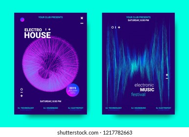 Electronic Music Movement Concept. Wave Poster for Dance Night Party. Sound Amplitude of Distorted Wave Lines. Vector Equalizer Movement Design. 3d Graphic Round with Glow and Movement of Dots Effect.