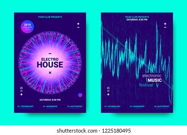Electronic Music Movement Concept. Wave Poster for Dance Night Party. Sound Amplitude of Distorted Wave Lines. Vector Equalizer Movement Design. 3d Graphic Round with Glow and Movement of Dots Effect.