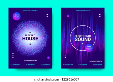 Electronic Music Movement Concept. Wave Poster for Dance Night Party. Sound Amplitude of Distorted Wave Lines. Vector Equalizer Movement Design. 3d Graphic Round with Glow and Movement of Dots Effect.