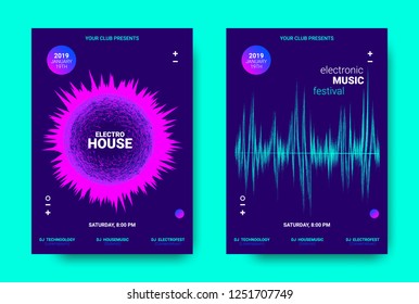 Electronic Music Movement Concept. Wave Poster for Dance Night Party. Sound Amplitude of Distorted Wave Lines. Vector Equalizer Movement Design. 3d Graphic Round with Glow and Movement of Dots Effect.