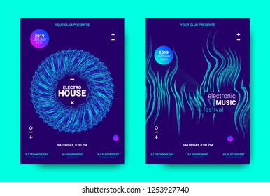 Electronic Music Movement Concept. Wave Poster for Dance Night Party. Sound Amplitude of Distorted Wave Lines. Vector Equalizer Movement Design. 3d Graphic Round with Glow and Movement of Dots Effect.