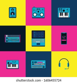 Electronic music objects. Collection of instruments used to create electronic dance music, synthesizer, drum machine, mixing table, midi keyboard, smartphone and headset. Vector illustration.