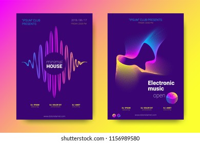 Electronic Music Party Poster with Colorful Equalizer. Vector Background for Night Sound Event. Gradient Distorted Equalizer Design. Abstract Wave Lines and Circles. Modern Music Glowing Equalizer.