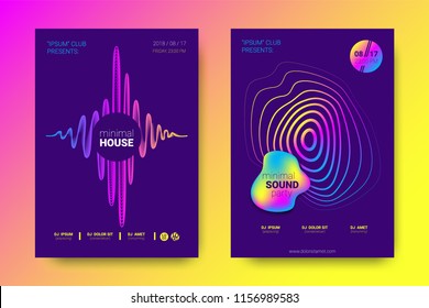 Electronic Music Party Poster with Colorful Equalizer. Vector Background for Night Sound Event. Gradient Distorted Equalizer Design. Abstract Wave Lines and Circles. Modern Music Glowing Equalizer.