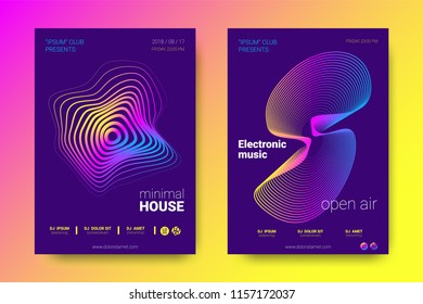 Electronic Music Party Poster with Colorful Equalizer. Vector Background for Night Sound Event. Gradient Distorted Equalizer Design. Abstract Wave Lines and Circles. Modern Music Glowing Equalizer.